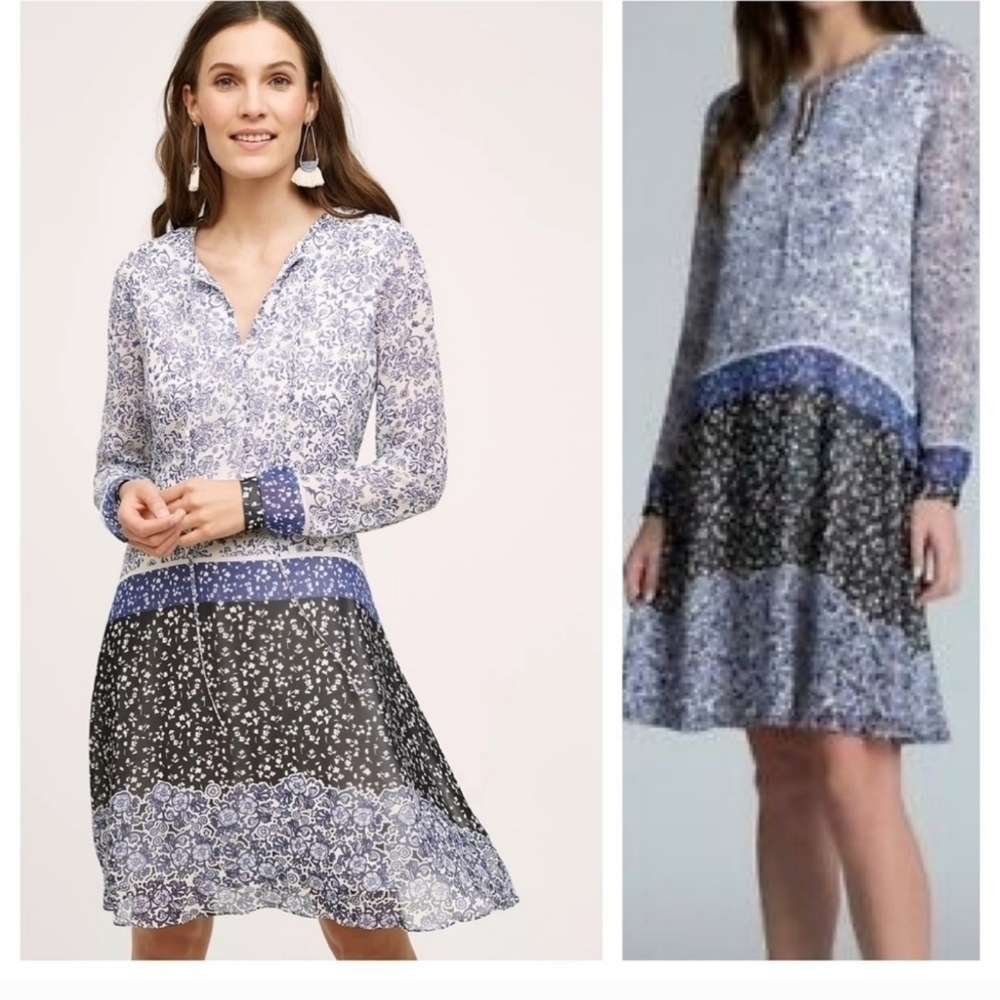 Anthropologie Blue Black Mixed-Print Long-Sleeve A-Line Dress